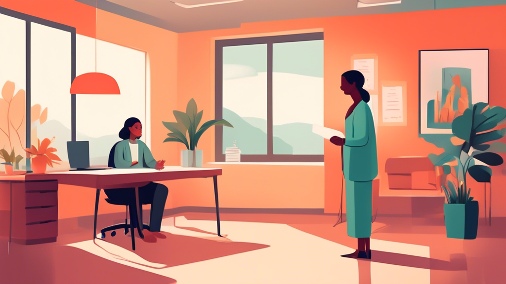 A serene counseling office with a mental health provider sitting at a desk discussing a document labeled Malpractice Insurance with an worried-looking patient, in a warm, inviting setting that promote