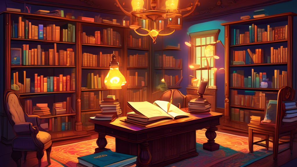 A vintage-style library with an array of books, scrolls, and glowing lamps, a central wooden table holds an open, large book titled 'Understanding Credentialing,' surrounded by smaller books and digit