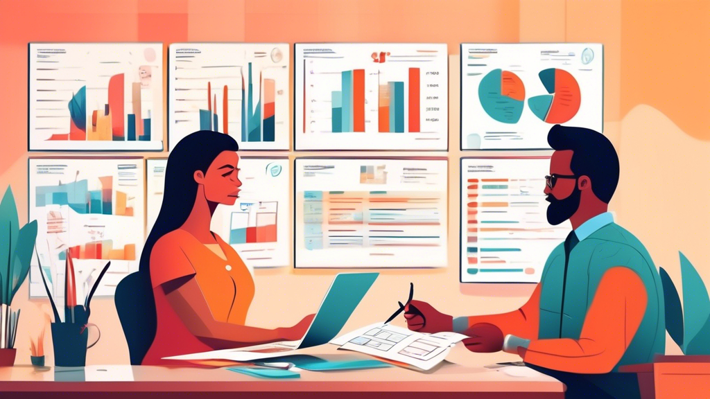 An organized office setting where a mental health professional is explaining a detailed fee schedule to a client, with charts and graphs showing various payment options and insurance coverage criteria