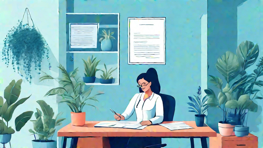 A serene office setting with a mental health professional sitting at a desk, reviewing documents, surrounded by soothing blue walls and plants, with a visible certificate of insurance credentialing on