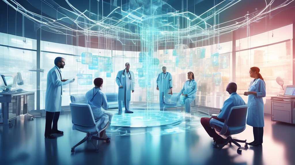 An intricate digital artwork depicting a group of healthcare professionals analyzing a giant, transparent flowchart representing the credentialing process in a futuristic, high-tech office environment